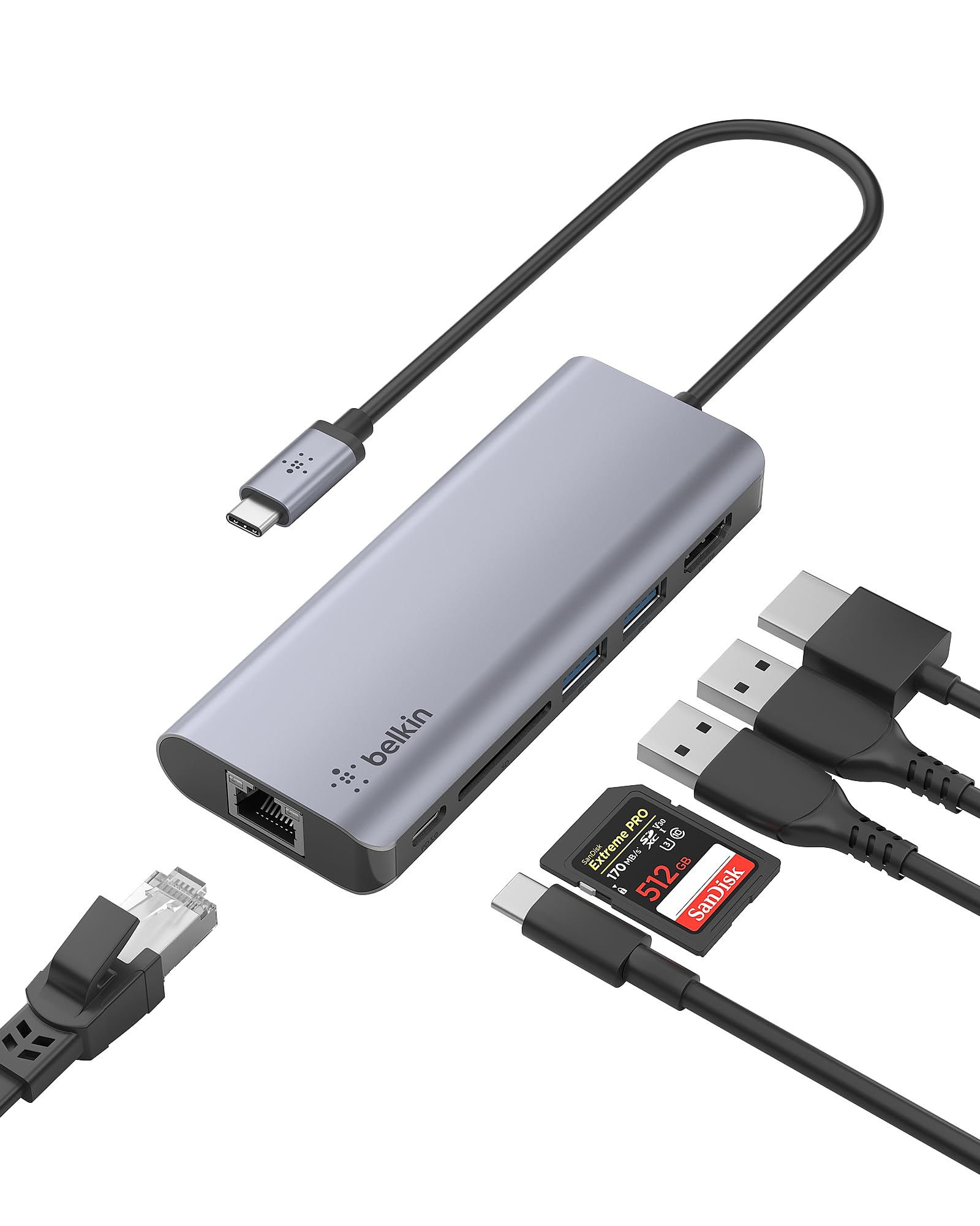 Photo 1 of Belkin USB C Hub, 6-in-1?MultiPort?Adapter Dock with 4K HDMI, USB-C 100W PD Pass-Through Charging, 2 x USB A, Gigabit Ethernet Ports and SD Slot for MacBook Pro, Air, iPad Pro, XPS and More