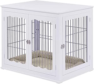 unipaws Pet Crate End Table with Cushion, Wooden Wire Dog Kennels with Double Doors, Modern Design Dog House, Medium and Large Crate Indoor Use, Chew-Proof