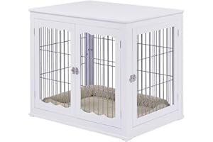 unipaws Furniture Style White Dog Crate for Medium Large Dogs, Indoor Aesthetic Dog Stuff Kennel, Modern Decorative Wood Wire Pet House Dog Cage, Pretty Cute End Side Table Nightstand
