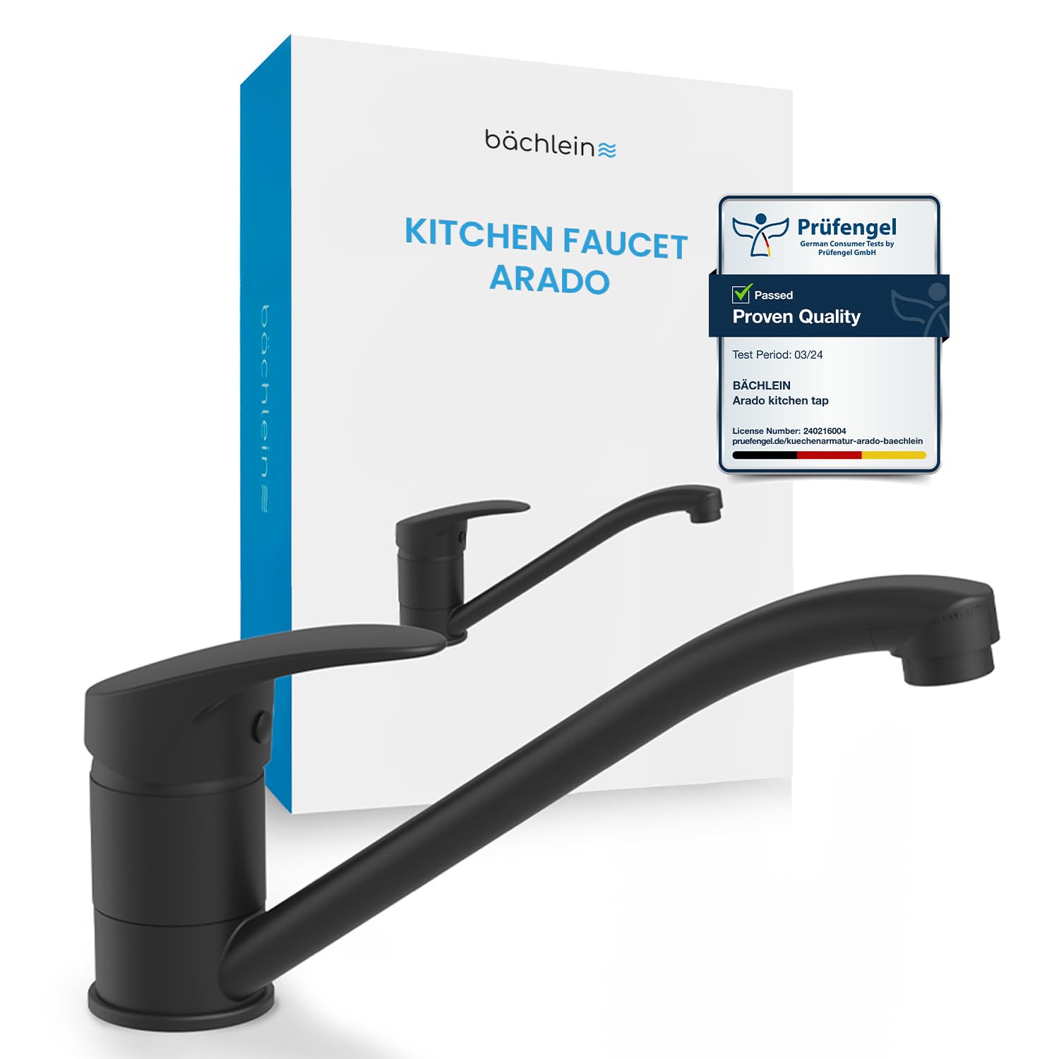 Bächlein Kitchen Mixer 360 Degree Swivel (Matt Black) - Single Lever Sink Mixer with 360° Swivel Spout - Faucet for The Kitchen in Extra Solid Design