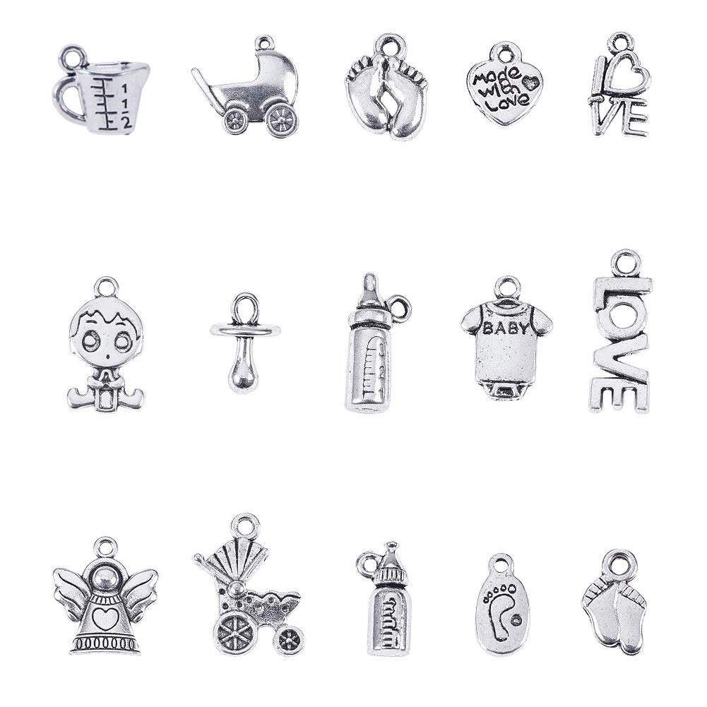 NBEADS 1Box 90 Pcs/Box Tibetan Style Alloy Pendants Alloy Pendants for Baby Birth Christening Gifts Making, Mixed Shapes, Antique Silver