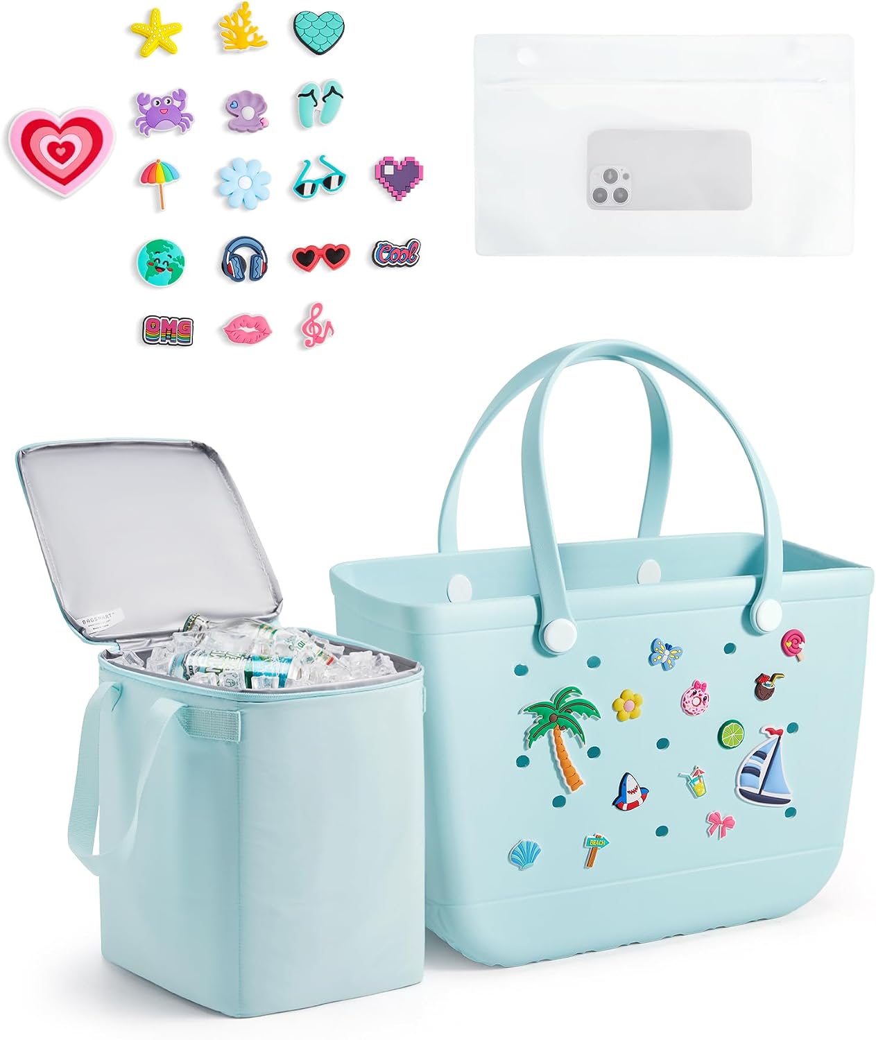 BAGSMART Large Beach Bag for Women with Cooler, Rubber Tote Bag with Charms, Waterproof Vacation Essentials for Swim Pool