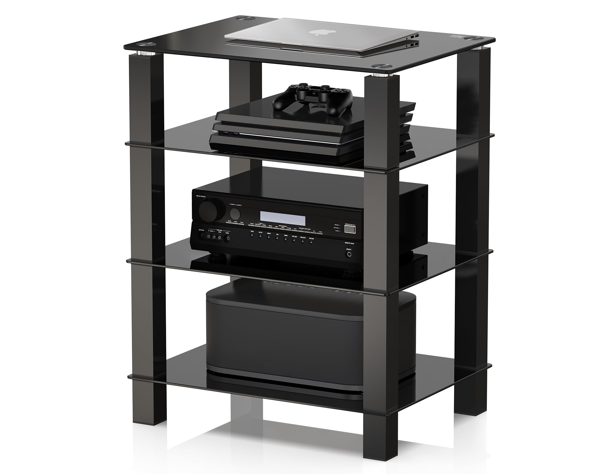 FITUEYES HiFi Rack AV Shelf 4-Tiers Glass TV Stand with Tempered Glass Media Storage Shelves Black