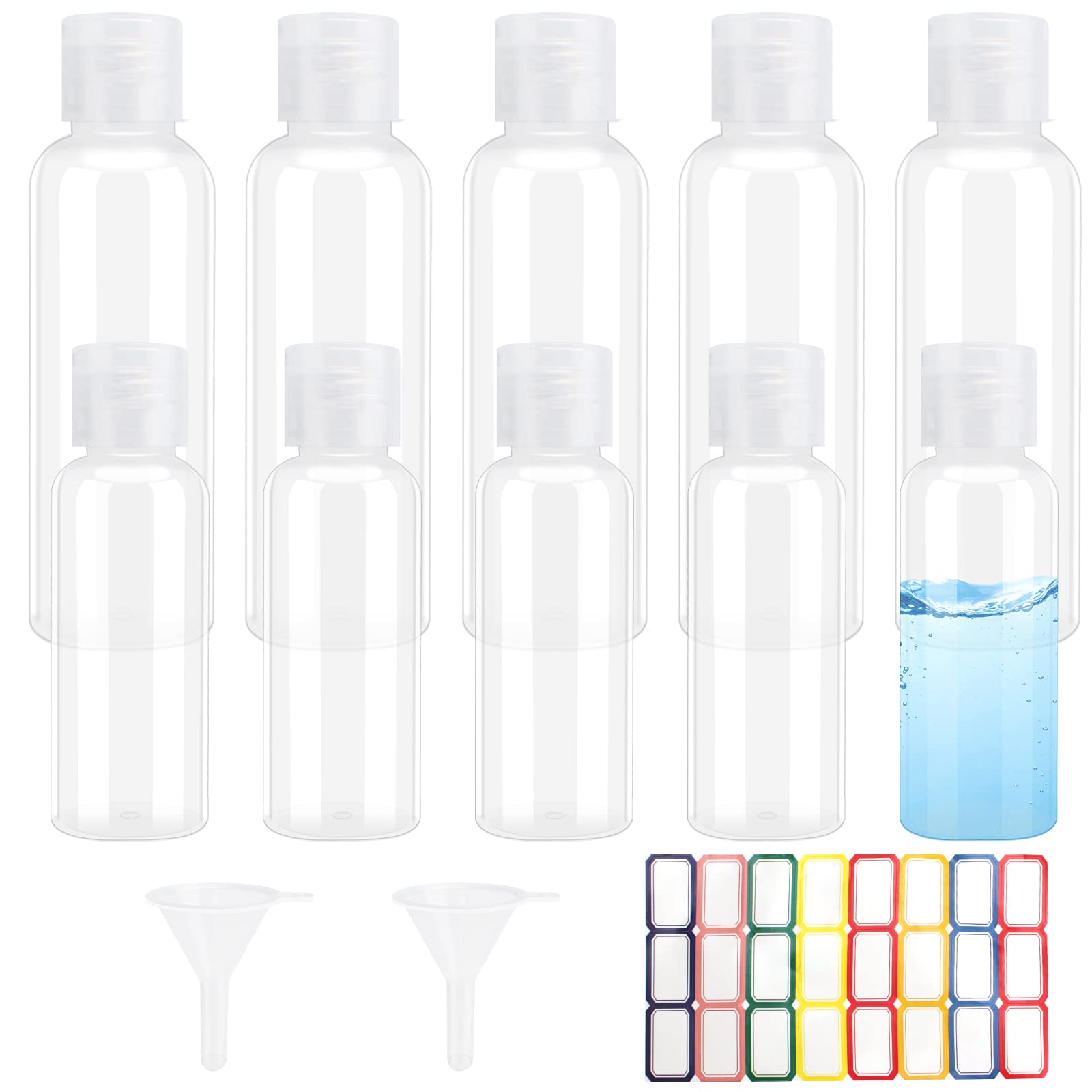 10Pcs Transparent Travel Bottles Flip Cap Bottles 100ml Plastic Air Flight Travel Bottle and 50ml Refillable Small Travel Bottles with 2 Funnel a Sheet Label for Toiletries Shampoo Cosmetic Liquid