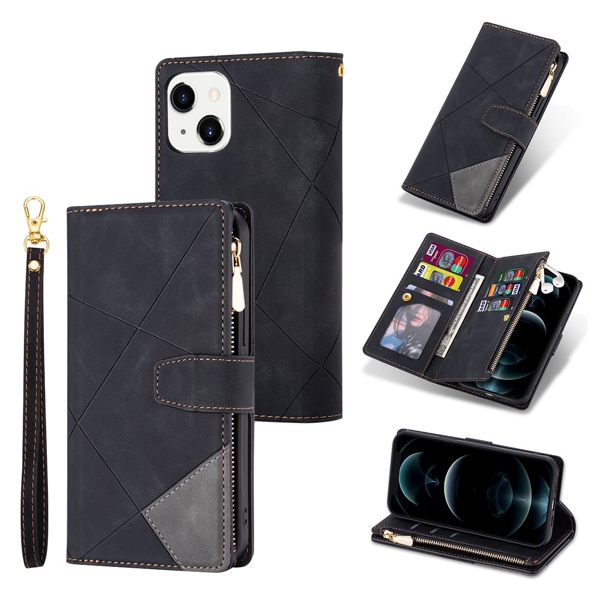 UEEBAI Wallet Case for iPhone 14 6.1 inch, Vintage Premium PU Leather Cover Flip Case with Card Slots Magnetic Closure Zipper Pocket Kickstand Handbag with Hand Strap - Black