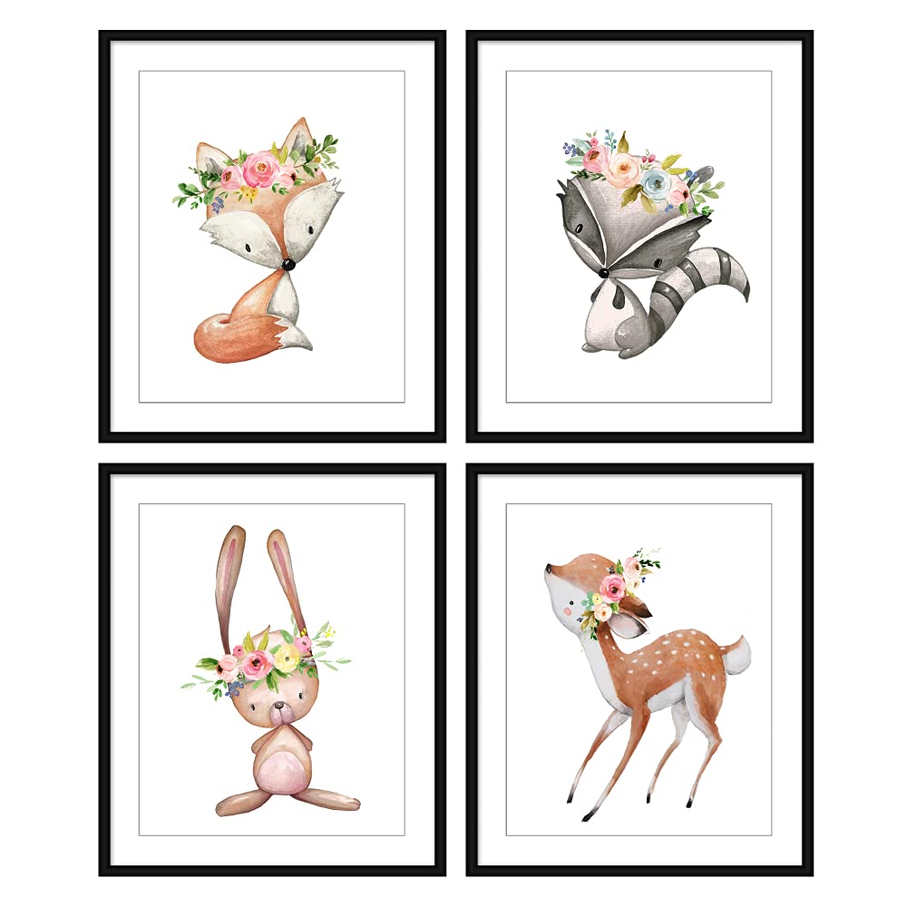 Bestbuddy Pet Set of 4 (8X10) Unframed Woodland Animals Fox Raccoon Bunny Deer with Flowers Crown Nursery Art Prints Kids Baby Girl Room Wall Decor BBPAP009