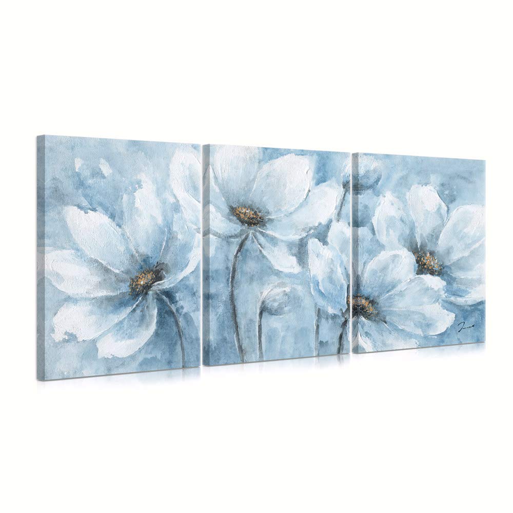 Yidepot Magnolia Flower Picture Wall Decor: Blue And White Flower Canvas Wall Art for Bedroom Floral Painting Frame Ready to Hang (30x40CMx3)