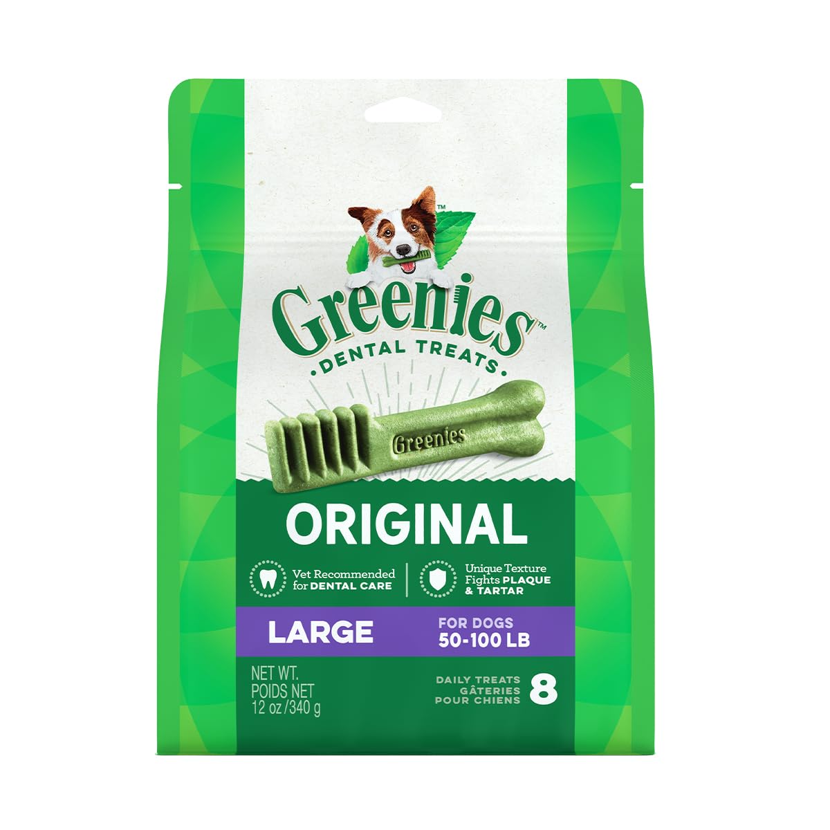 GREENIES Original Large Natural Dog Dental Care Chews Oral Health Dog Treats, 12 oz. Pack (8 Treats)