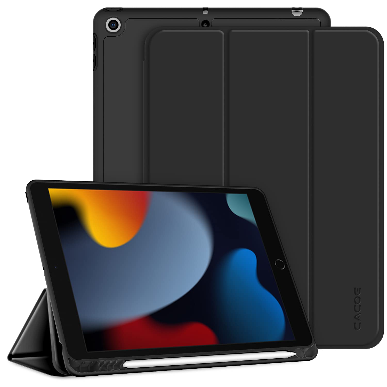 CACOE Case Compatible with iPad 9th/8th/7th Generation, 10.2 Inch Case with Pencil Holder, Soft TPU Back Cover Auto Wake/Sleep, Black — image 1