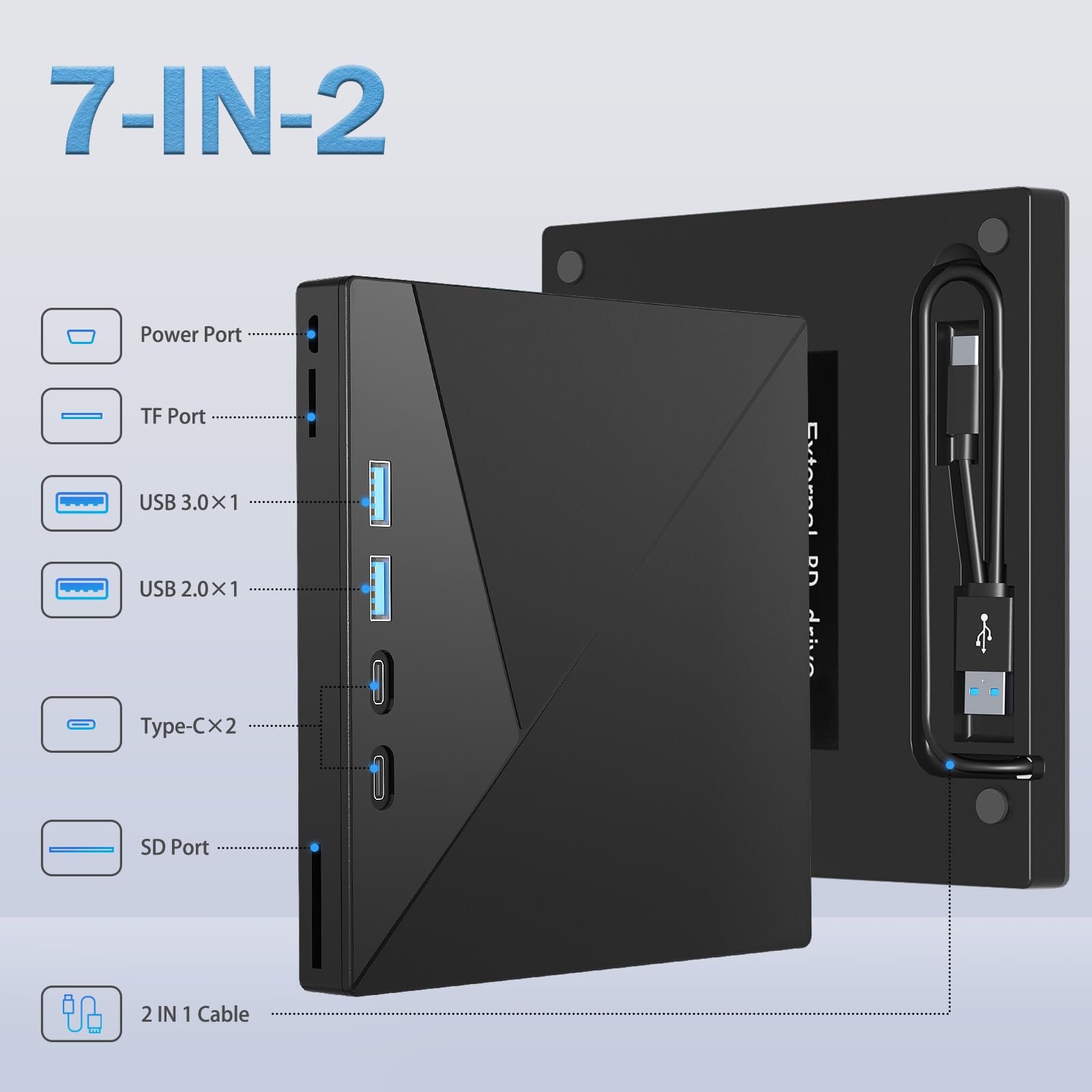 7 in 1 External Blu Ray Drive, 4k Blu Ray Burner with USB 3.0 Type-C Portable Blu Ray Drive, CD DVD Burner 3D BD Player with SD/TF Ports, 4k Optical Drive Compatible with Windows MacOS Laptop Desktop