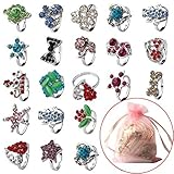 Fly-love 20pcs Kids Crystal Silver Plated Children Girls Rings Adjustable Jewelry
