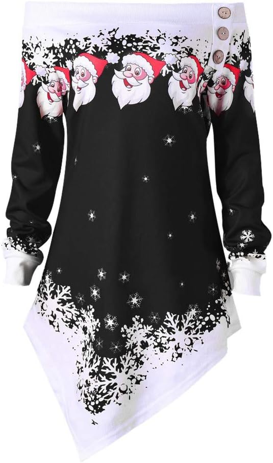 iLUGU Womens Christmas Santa Off Shoulder Asymmetric Snowflake Sweater Pullover