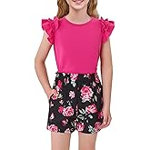 Haloumoning Girls 2 Piece Summer Outfits Clothes Ruffle Short Sleeve Shirts and High Waist Paper Bag Shorts Sets with Pockets