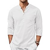 Runcati Mens Casual Henley Shirts 3/4 Sleeve Band Collar Cotton Linen Shirt Summer Beach Hippie T-Shirts with Pocket