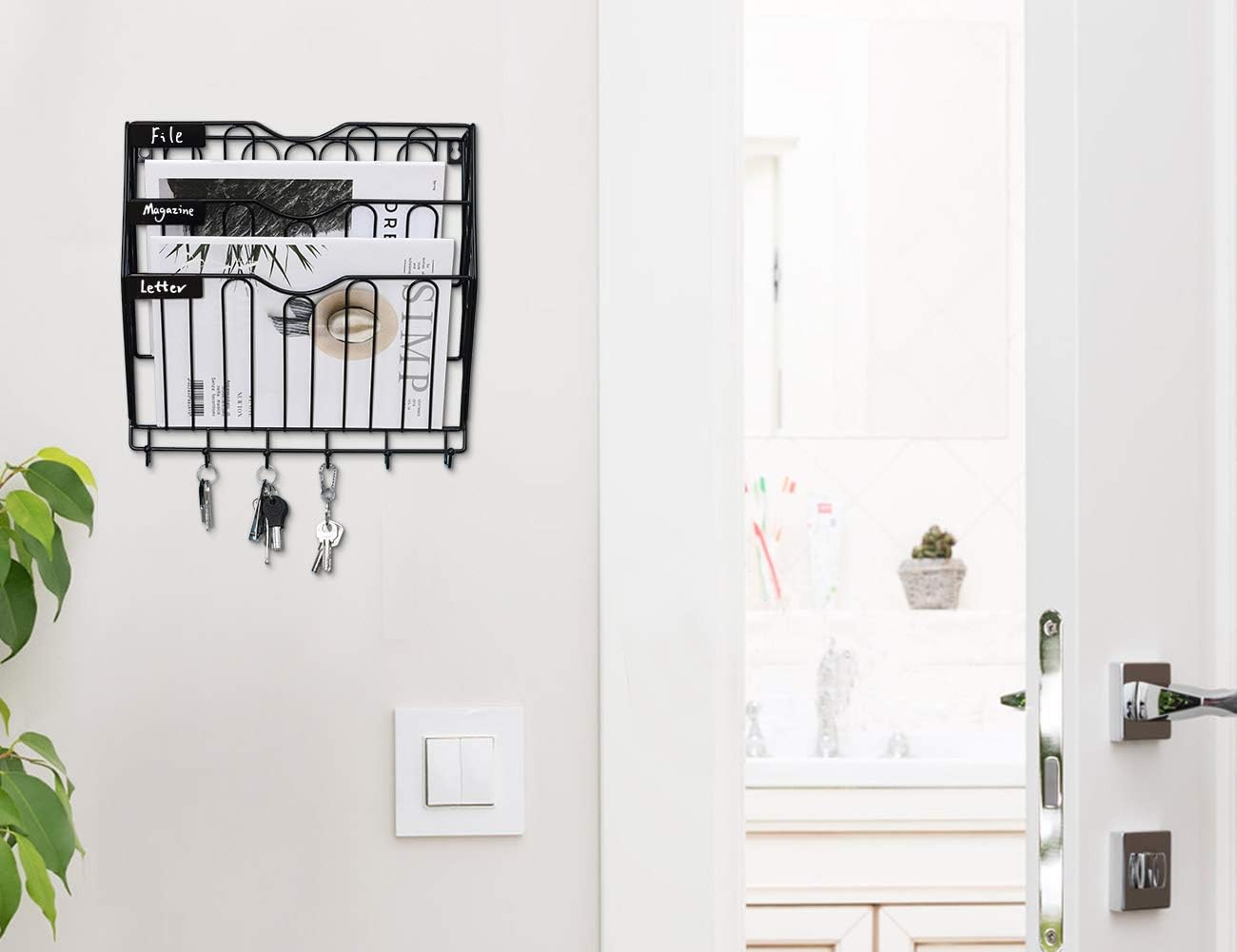 Wall File Holder Superbpag Hanging Mail Sorter Organizer 3-Tier Metal Wall Mount Magazine Literature Rack with Key Holder, Black : Office Products