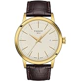 Tissot Mens Classic Dream 316L Stainless Steel case with Yellow Gold PVD Coating Quartz Watch, Brown, Leather, 22 (T129410362