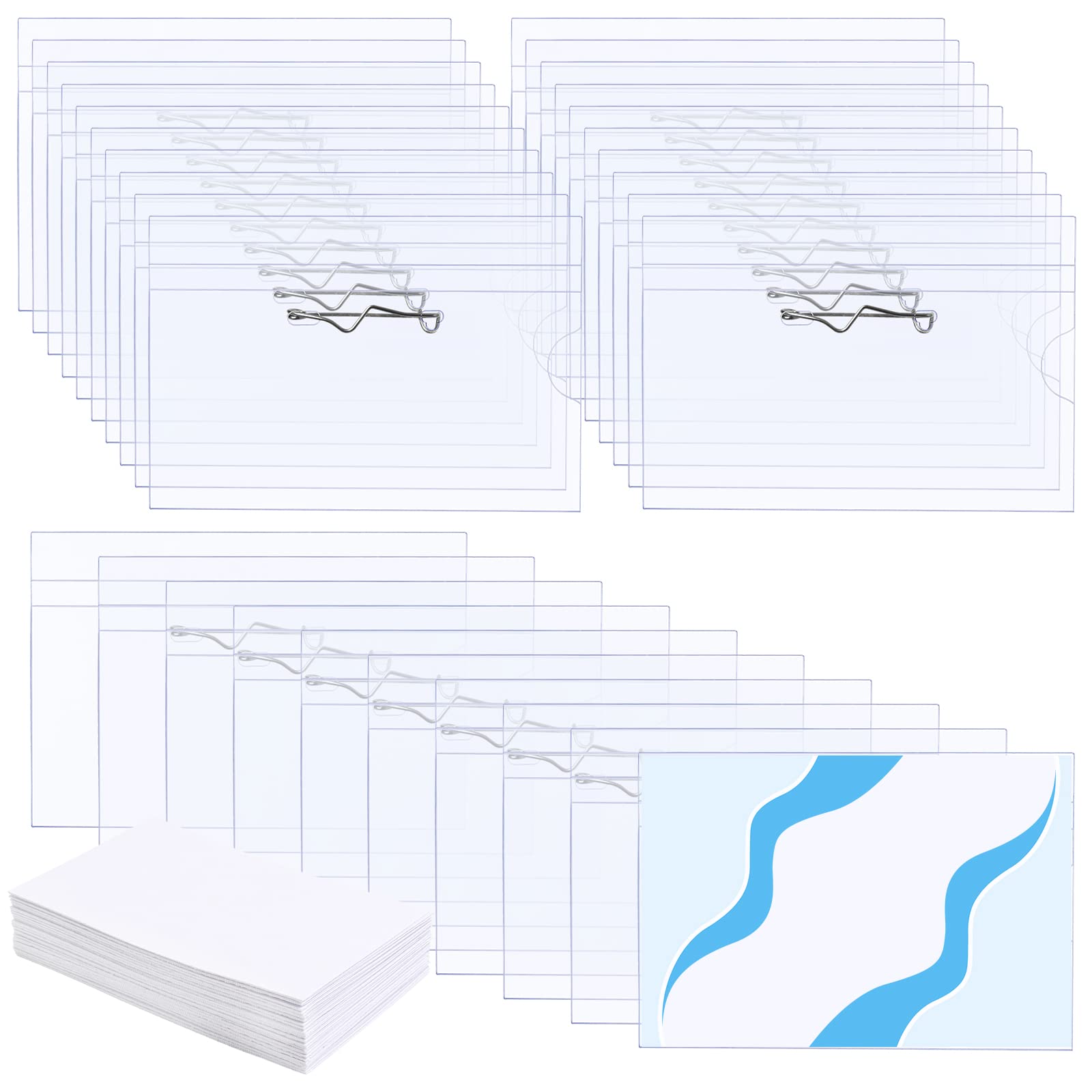Photo 1 of Anjmd 50 PCS Name Tags with Pins Name Badge Holders Clear Plastic Name Tag Holders with Pin with 50Pcs Inserts Fit Card (3.58 x 2.16 inch)
