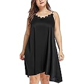 AMPLUSBEAU Women's Plus Size Satin Nightgown Sleeveless Chemise Slip Lingerie Sleepwear with Floral Neckline