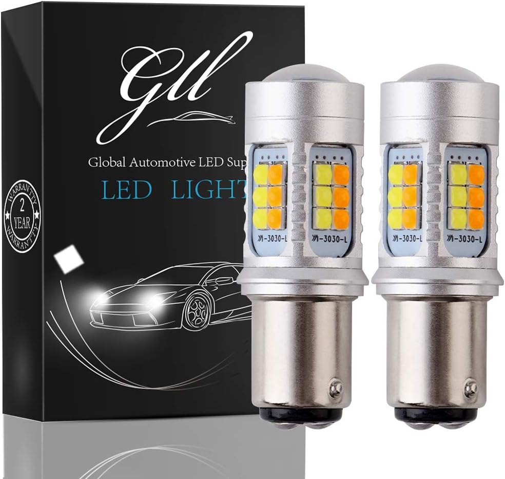 GLL 2pcs 1157 LED Bulbs BAY15D White/Amber Switchback P21/5W 2057 2357 7528 Turn Signal Lights with 30-3030-SMD 820 Lumens for Car DRL Lights and Turn Signal Lights (DC 12V)
