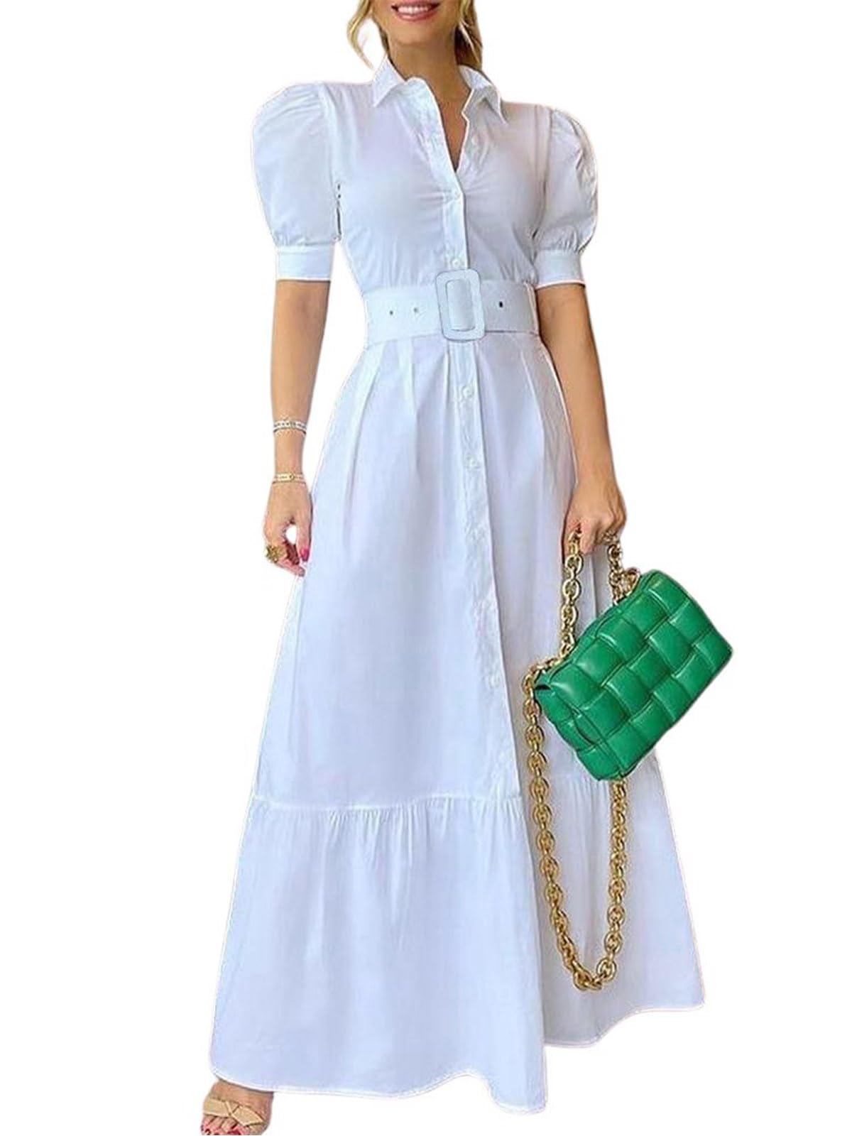 Photo 1 of ***Belt Missing***utcoco Womens Striped Button Down Shirt Dress Casual Puff Short Sleeve Ruffle Hem Maxi Dresses with Belt (Small, White)