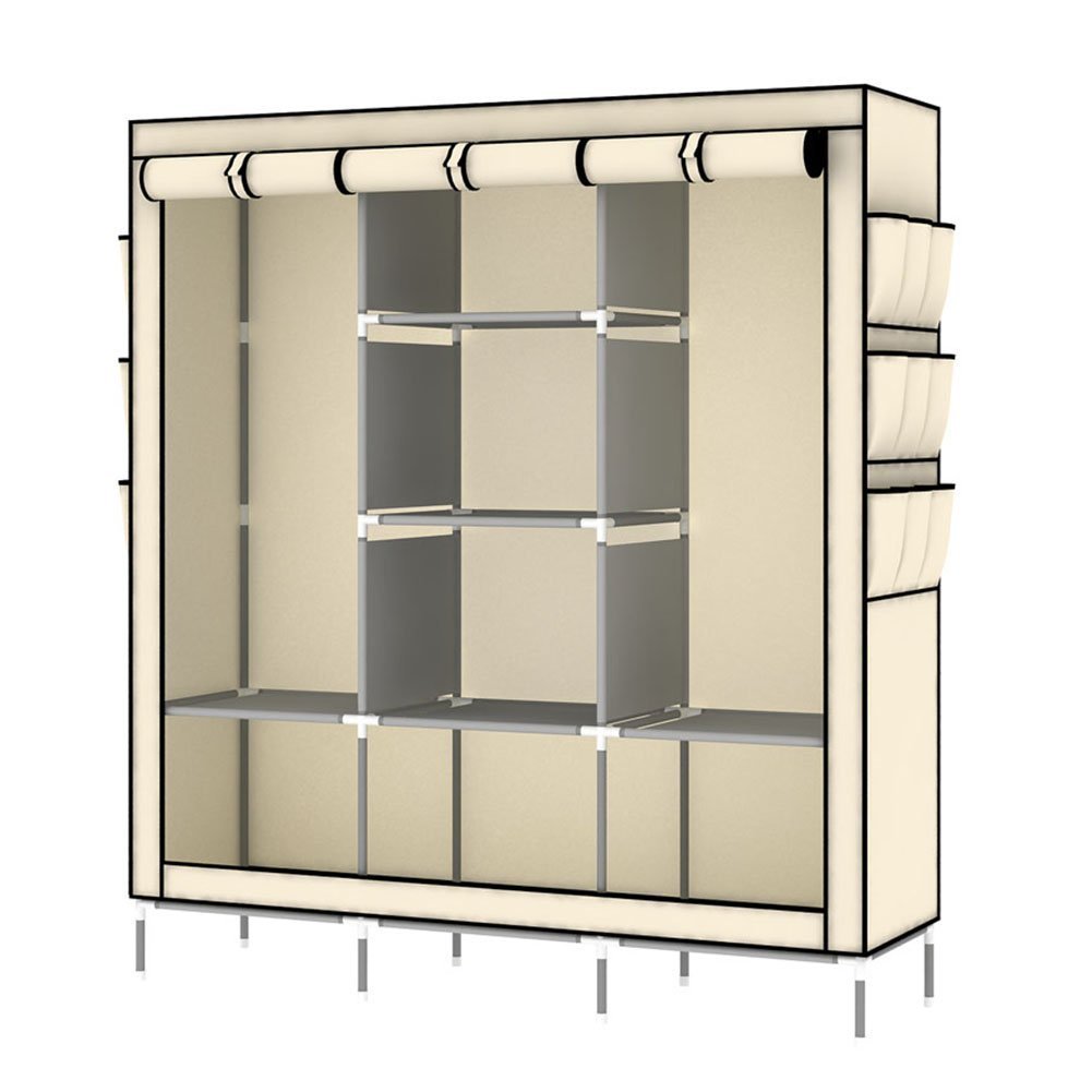 ONEGOL Portable Clothes Closet Non-woven Fabric Wardrobe Double Rod Storage Organizer with Shelves (Beige)