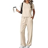 ATHMILE Two Piece Sets for Women Casual Summer Travel Outfits Cap Sleeve Vacation Cap Sleeve Wide Leg Pants Lounge Set