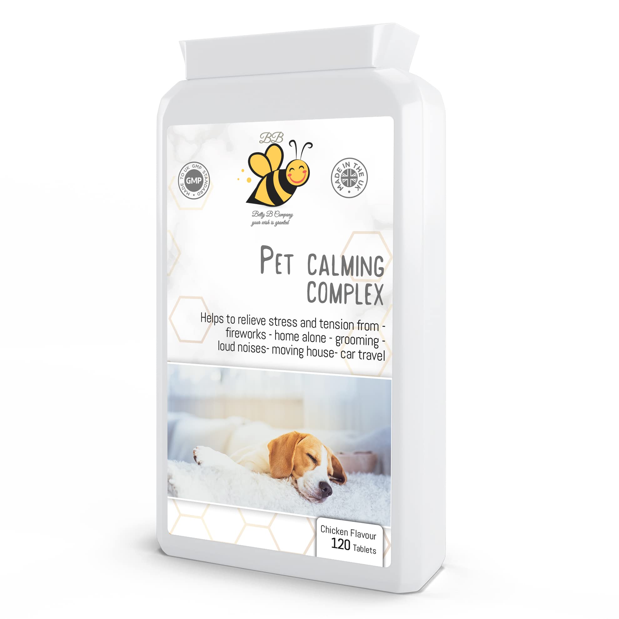 BB Betty B Company your wish is granted Calm Pet Calming 120 Chicken Flavour Chewable Tablets | Contains Taurine, Inositol, L-Theanine, Vitamin B1, Ginger & Magnesium