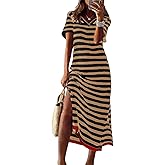 Dokotoo Womens Summer Casual Trendy 2026 Short Sleeve Maxi Dress Striped Split Vacation Color Block T Shirt Dress