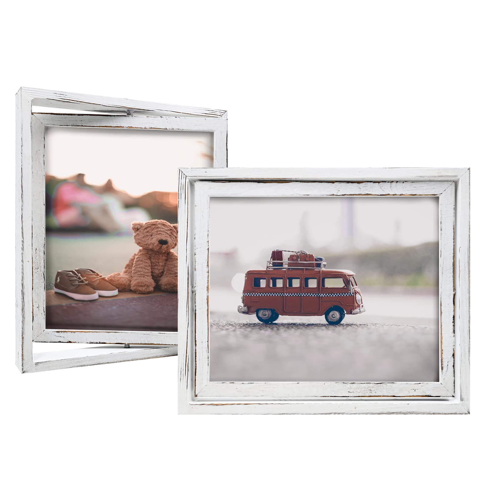 Photo 1 of Egofine 2 Pack 8x10 Rotating Floating Picture Frames,Double-Sided Display with HD Glass Front Wooden Distressed Frame for Vertical or Horizontal Tabletop Display, White