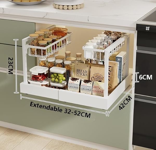 UNDER CABINET ORGANIZER RACK, WHITE METAL 2-TIER STORAGE SHELF, EXPANDABLE 32-52CM WIDTH, MODERN STYLE, KITCHEN COUNTER ORGANIZATION WITH HARDWARE