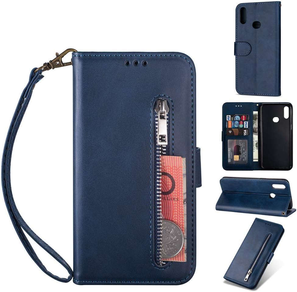 WVYMX Galaxy A20S Phone Case, Folio Flip Leather Zipper Wallet Case with Strap&Cash Pocket Shockproof Full Body Protective Magnet Purse Case for Samsung Galaxy A20S Deep Blue