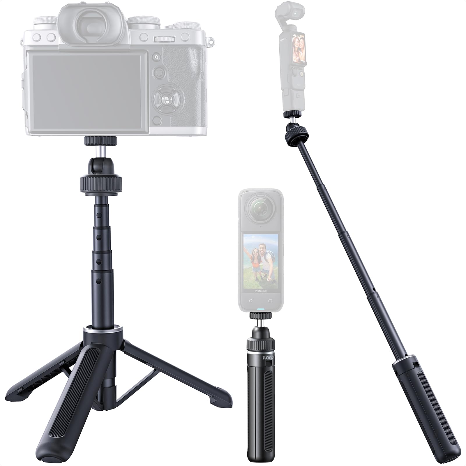llano 16"/40cm Action Camera Tripod for DJI Osmo Pocket 3, Insta360 X5 X4 X3, Extendable Mini Tripod with 1/4'' Screw, Small Selfie Stick for Sony, Nikon, Canon, 360° Ball Head, Lightweight, Black