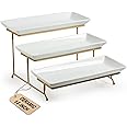 LAUCHUH Large 3 Tier Serving Stand Tiered Serving Trays Collapsible Sturdier Rack with 3 Porcelain Serving Platters for Fruit Dessert Presentation Valentine's Day Christmas Party Display Set, 14 Inch