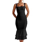 Kaximil Women's Sexy Bodycon Ruched Square Neck Midi Dresses Elegant Sleeveless Ruffle Cocktail Party Dress