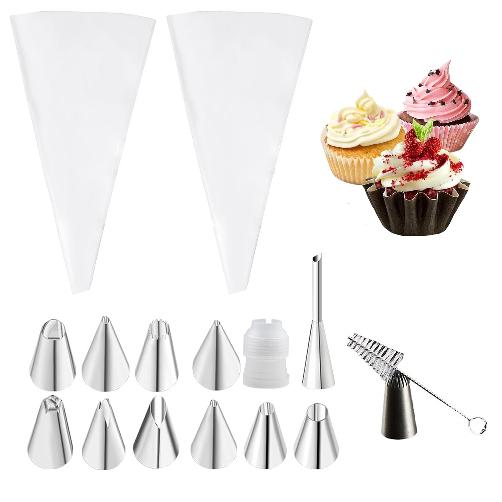 16 Piping Bags Set of Nozzles Pastry Adapter, Recyclable, Waterproof and Non-Slip, Safe and Non-Toxic, Stainless Steel Nozzles, for Decorating Cakes and Cupcakes. DIY Kit