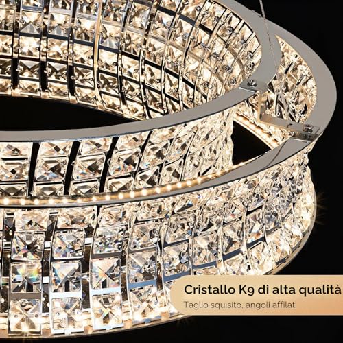 AOOCHOK Modern Crystal Chandelier for Dining Room, LED Chrome Pendant Lights, Round Crystal Pendant Light for Living Room, Hallway, Kitchen Island, D50cm
