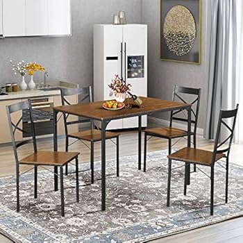 LENTIA 5-Piece Dining Table Set Vintage Table Top Home Kitchen Table with 4 Chairs Metal Dining Room Breakfast Modern Furniture (Espresso)