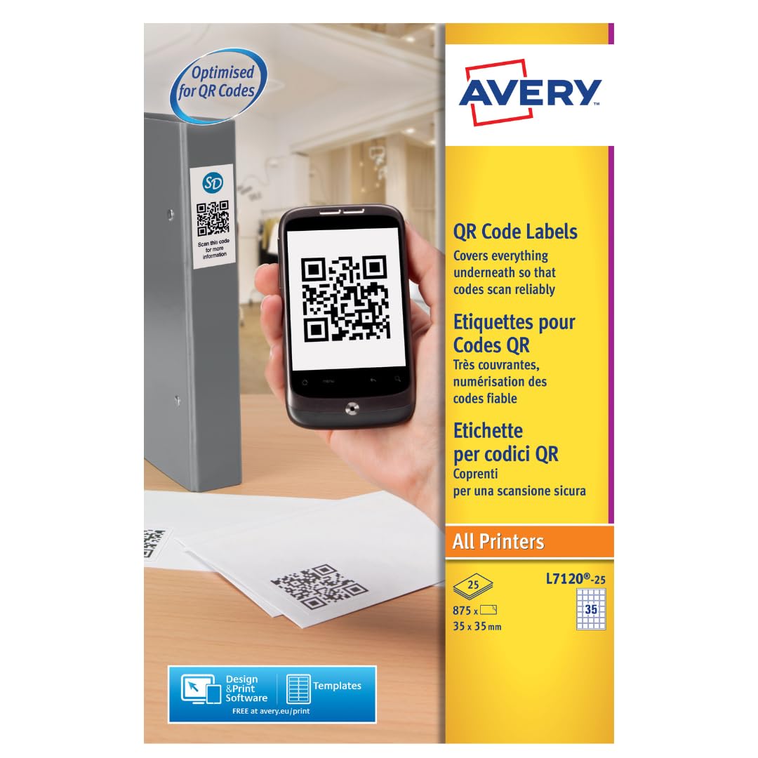 Avery Printer, Customisable Square Product/QR Code Labels, Blank White A4 Sticker Sheets, 35mm, 35 Labels per Blank A4 Sheet, L7120-25
