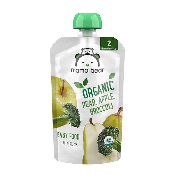 AMAZON BRAND – MAMA BEAR ORGANIC BABY FOOD, STAGE 2, PEAR, APPLE, BROCCOLI, 4 OUNCE (PACK OF 12)