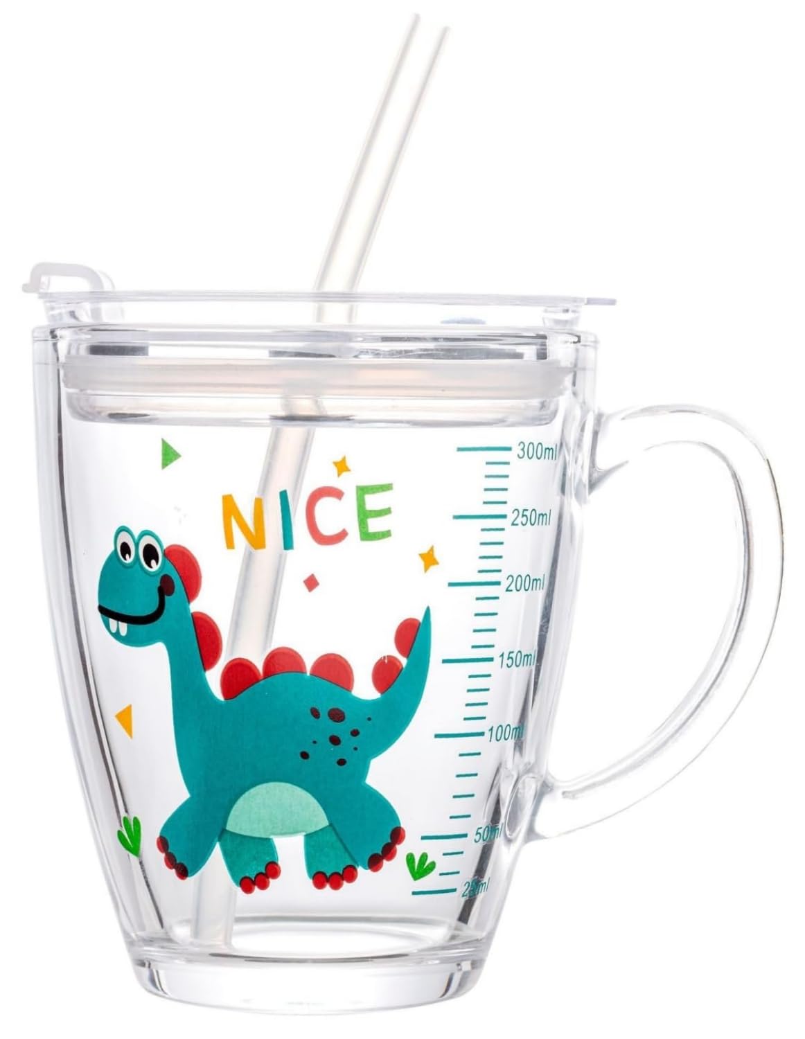 Glass Milk Cup with Measuring Kids Microwave Leak-proof Sippy Cup 300ml Transparent Drinking Glasses Jars Bottles Scale Measure Cups Cartoon Printing Water Cups with Lid Straw Handle for Milk Juice