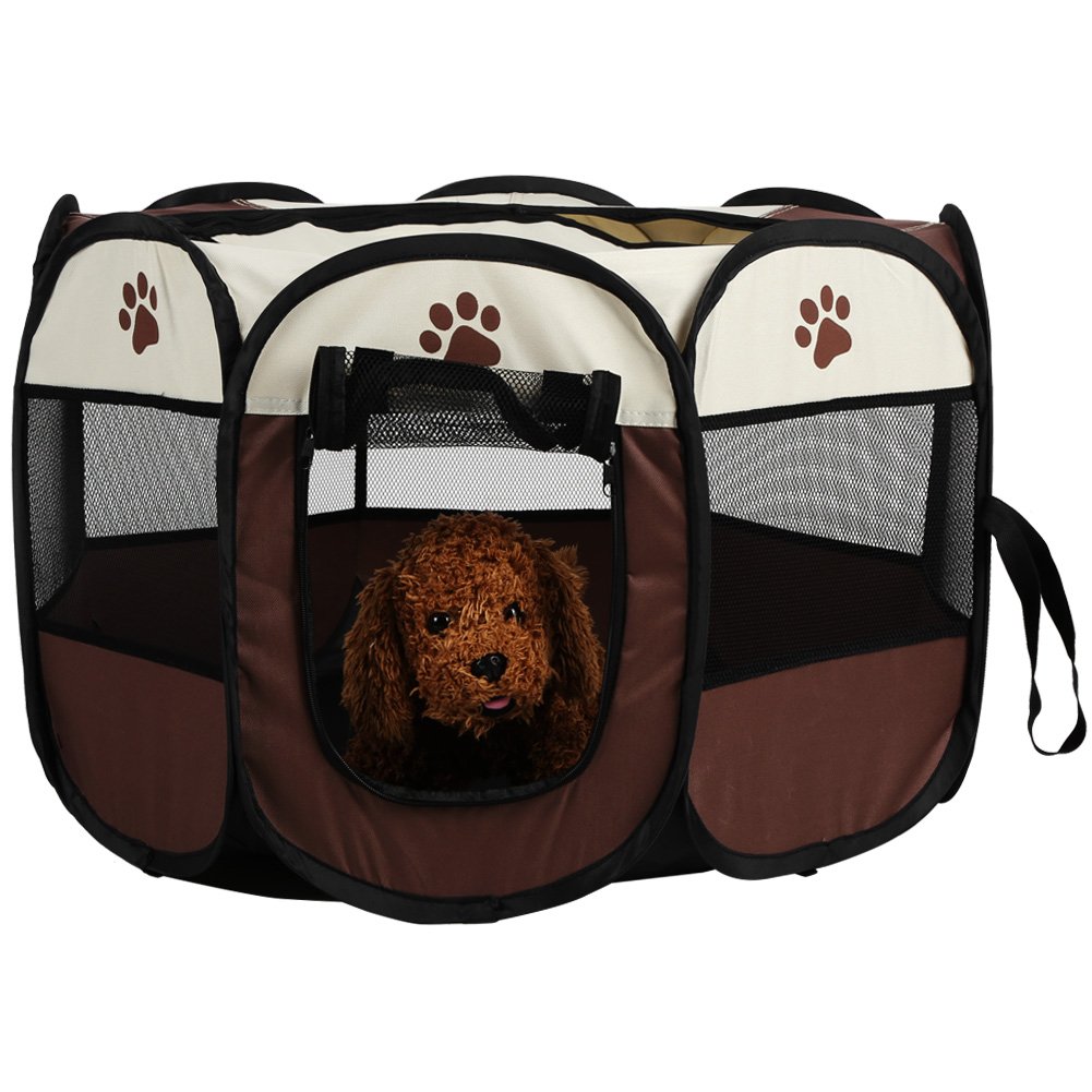 Foldable Pet Playpen, Oxford Fabric Pet Play Pen Portable Pet Dog Cat Playpen Breathable Mesh Soft Pop up Pet Playpen for Kitten Puppy Rabbit Camping Indoor Outdoor Use, 26.77 x 17.72inch, Coffee