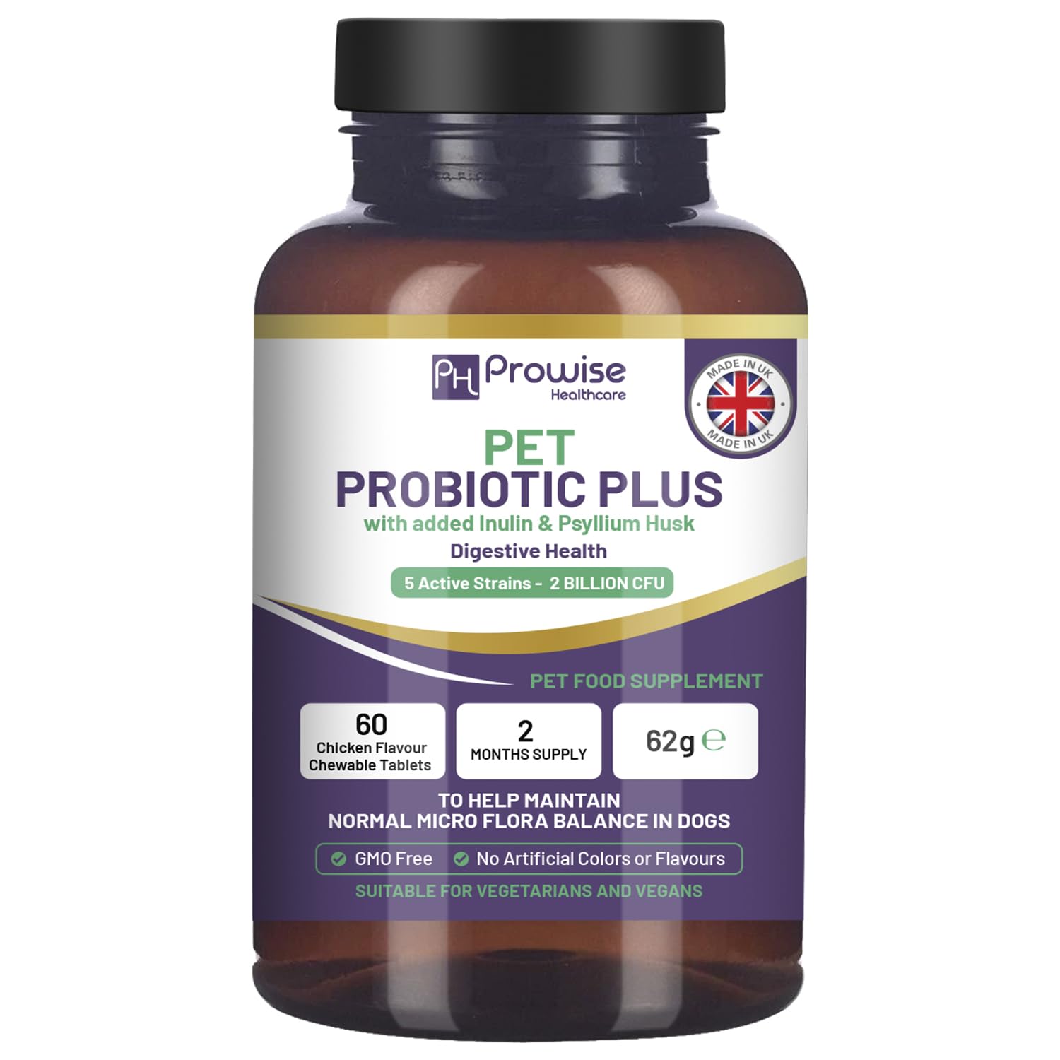 Pet Probiotic Plus with Added Inulin & Psyllium Husk 2 Billion CFU with 5 Active Strains I 60 Chicken Flavour Chewable Tablets 2 Months Supply | Prowise Healthcare