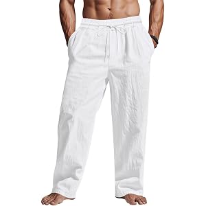 ZARLAN Men's Cotton Linen Pants Lightweight Casual Summer Beach | Breathable Loose Fit Elastic Drawstring Waist Soft Cozy Wid