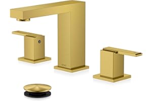 KENES Brushed Gold Widespread Bathroom Faucet 3 Hole Bathroom Sink Faucet Gold Two Handle, 8-Inch 3 Pieces Bathroom Vanity Faucet with Pop Up Drain & Supply Lines, KE-9050-4-P