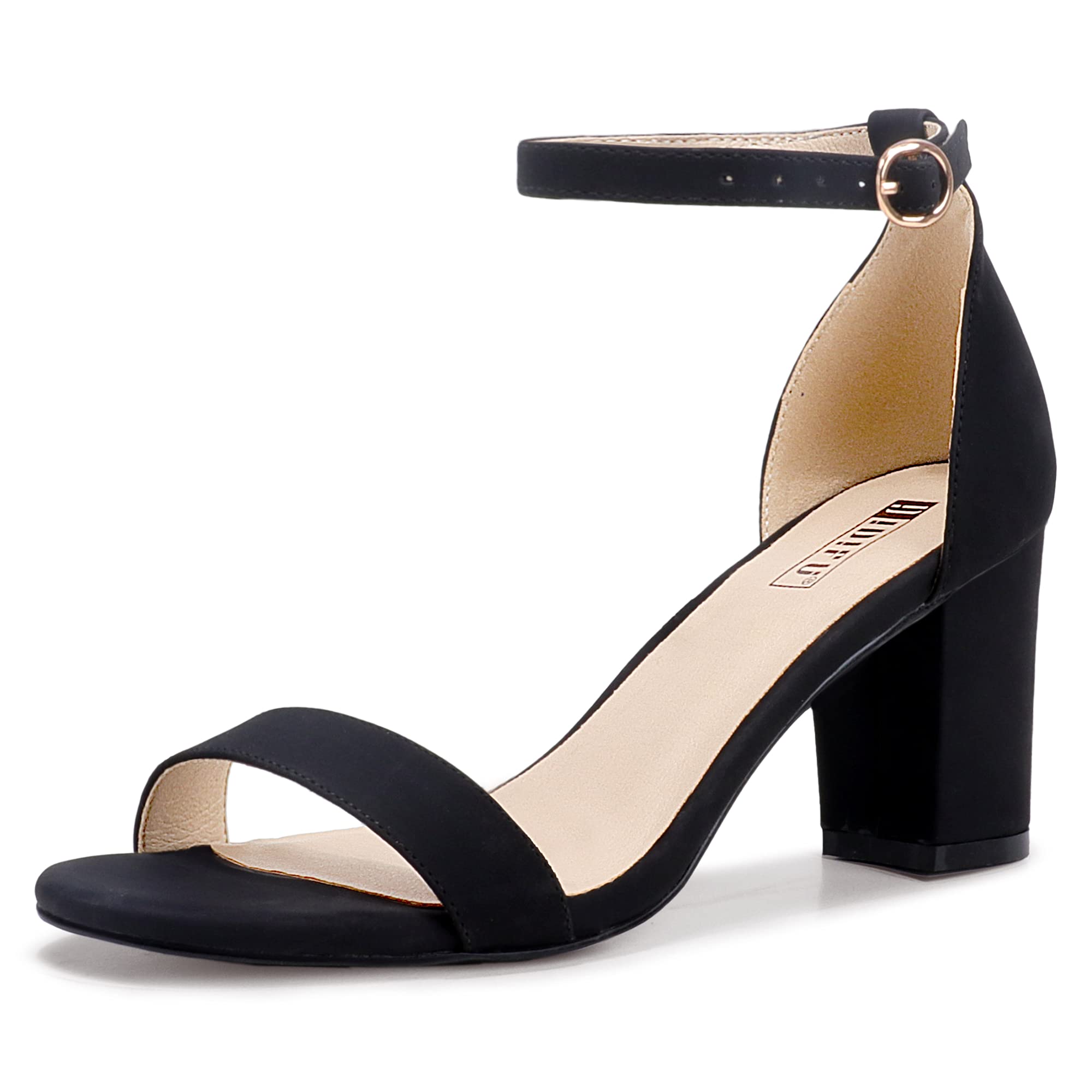 Photo 1 of IDIFU Black Heels for Women Cookie-MI Block Heels 3 Inch Sandals Chunky Open Toe Heel Wedding Homecoming Dress Shoes for Women Brides Ladies(Black Nubuck, 8 B(M) US)
