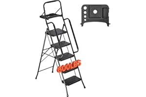 VEVOR 5 Step Ladder, Folding Step Stool with Wide Anti-Slip Pedal, Tool Tray, Dual Side Handrails, 600 lbs Capacity Portable 