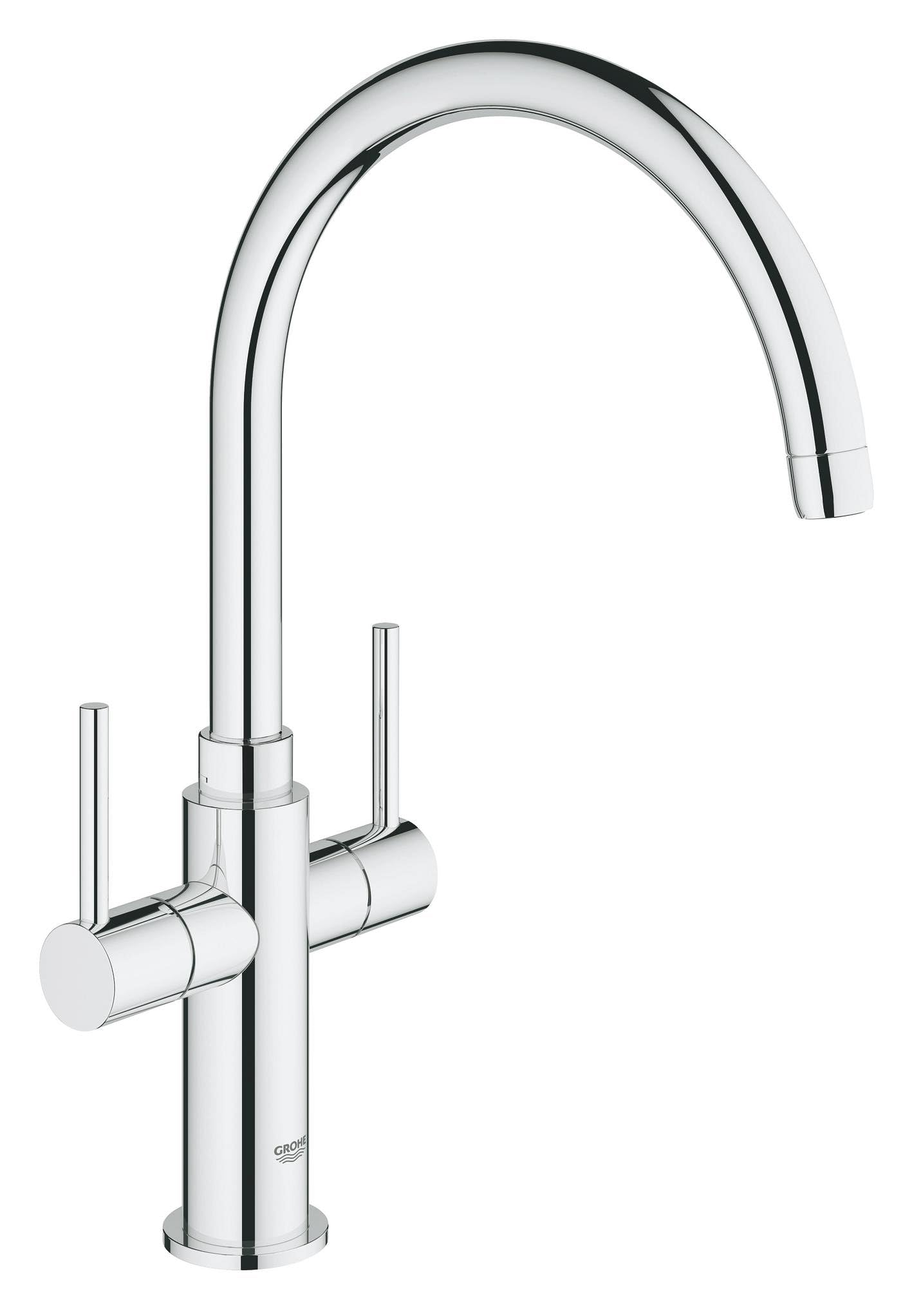 GROHE Ambi Cosmopolitan QuickFix - Two-Handle Kitchen Sink Mixer Tap (High C-Spout, 0°/150°/360° Adjustable Swivel Area, 1/2 Inch Tails, Minimum Pressure 0.4 Bar), Size 382 mm, Chrome, 30190000