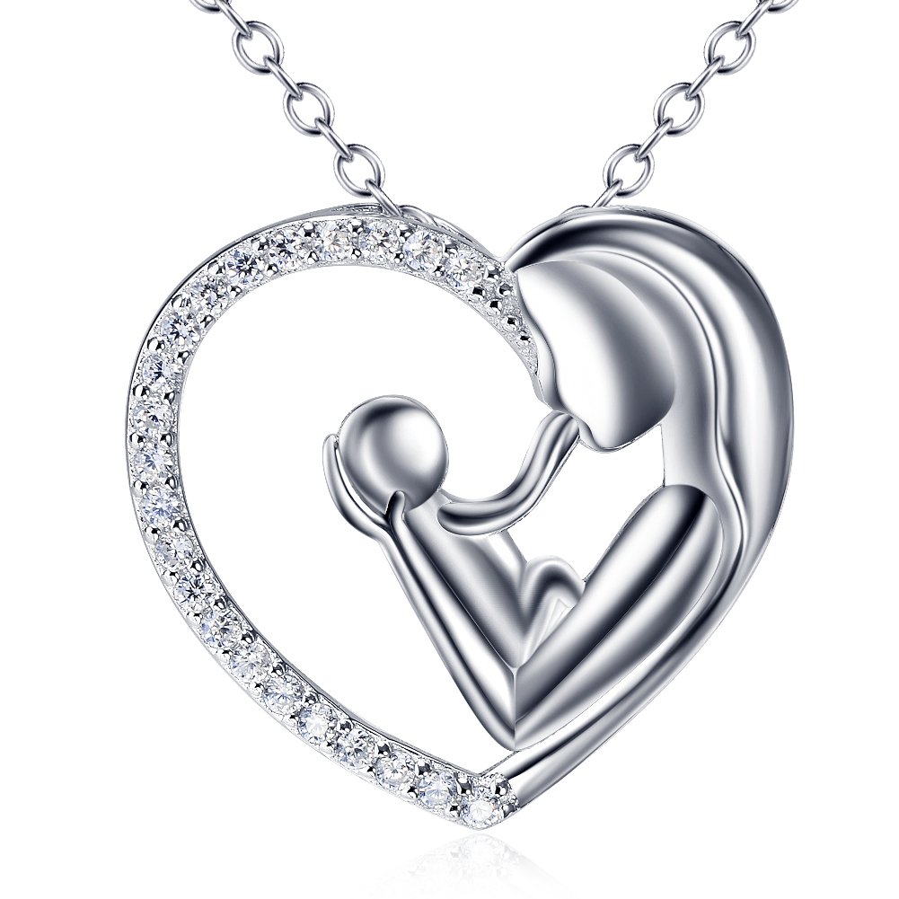 Flyow 925 Sterling Silver Mother and Child Love Heart Pendant Necklace for Women with Delicate Cubic Zirconia, Silver Chain 18 Inches Mum Necklaces (Mother and Child)
