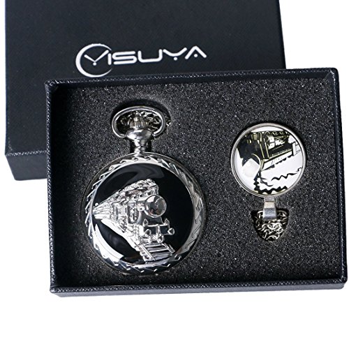 YISUYA Silver Steampunk Train Locomotive Fob Retro Pendant Pocket Watch + Gift Box