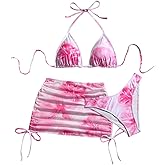 SweatyRocks Women's 3 Piece Swimsuits Floral Print Halter Triangle Bikini Sets Bathing Suit with Cover Up